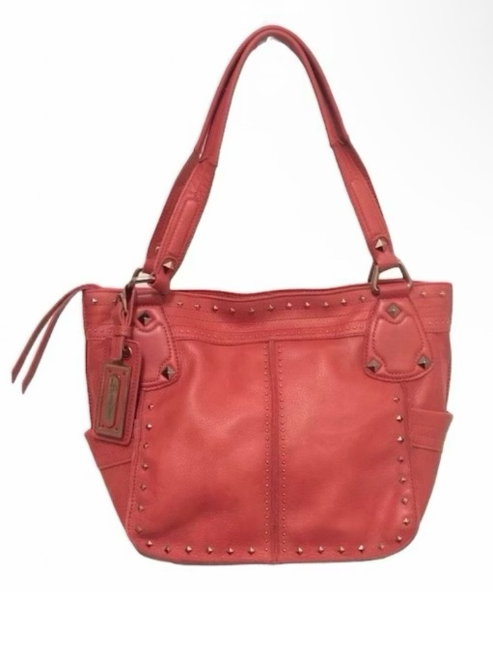 B. Makoswky Studded Trim Leather Red Orange Large Travel Carryon Tote Bag Purse